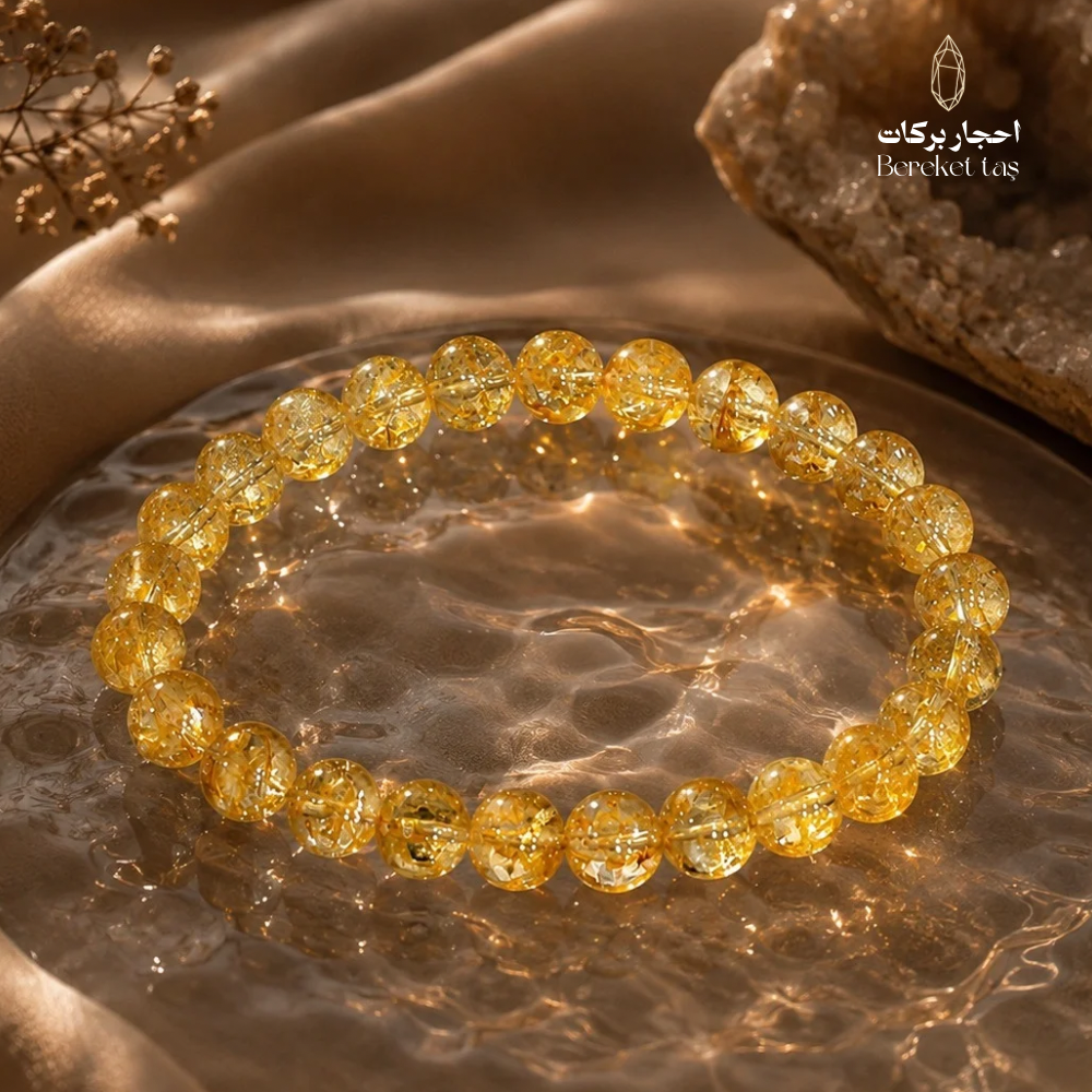 Natural yellow topaz stone bracelet with 8 mm beads by Bereket Taş