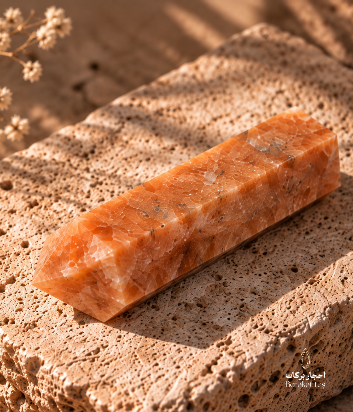 Orange Brazilian calcite crystal tower showing its geometric shape and natural mineral texture