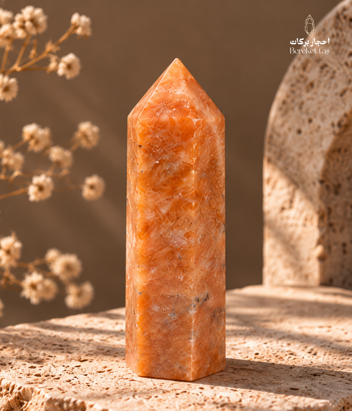 Natural Brazilian orange calcite crystal point with translucent mineral patterns