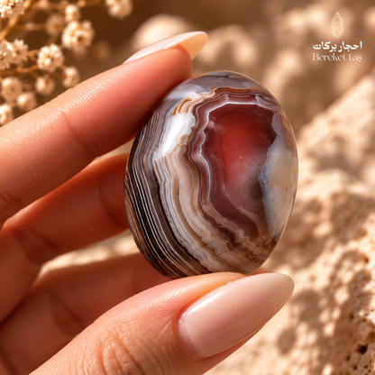 Close-up of a polished Banded Botswana Agate stone held between fingers, showing intricate brown, white, and reddish natural bands