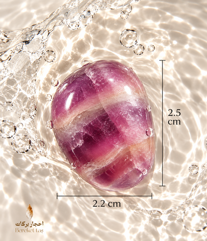 Polished purple Fluorite individual stone with natural layered bands, shown with measurements of 2.5 cm in length and 2.2 cm in width