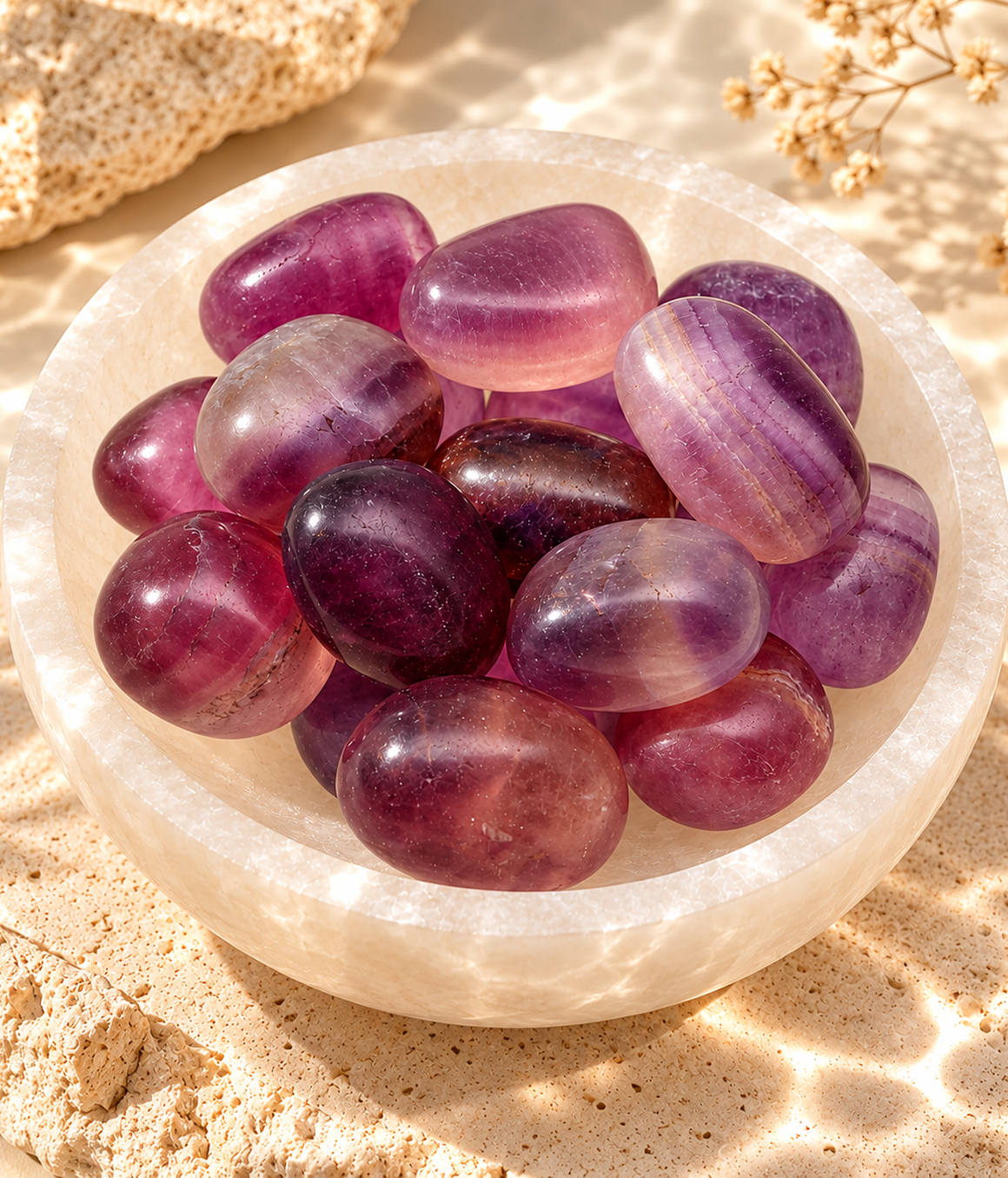 Collection of natural polished purple Fluorite stones arranged in a light stone bowl, showing varied purple tones and natural patterns