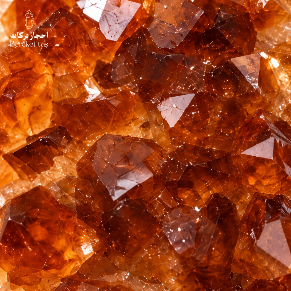 Close-up view of natural raw Citrine crystals showing detailed golden orange crystal formations and translucent surfaces