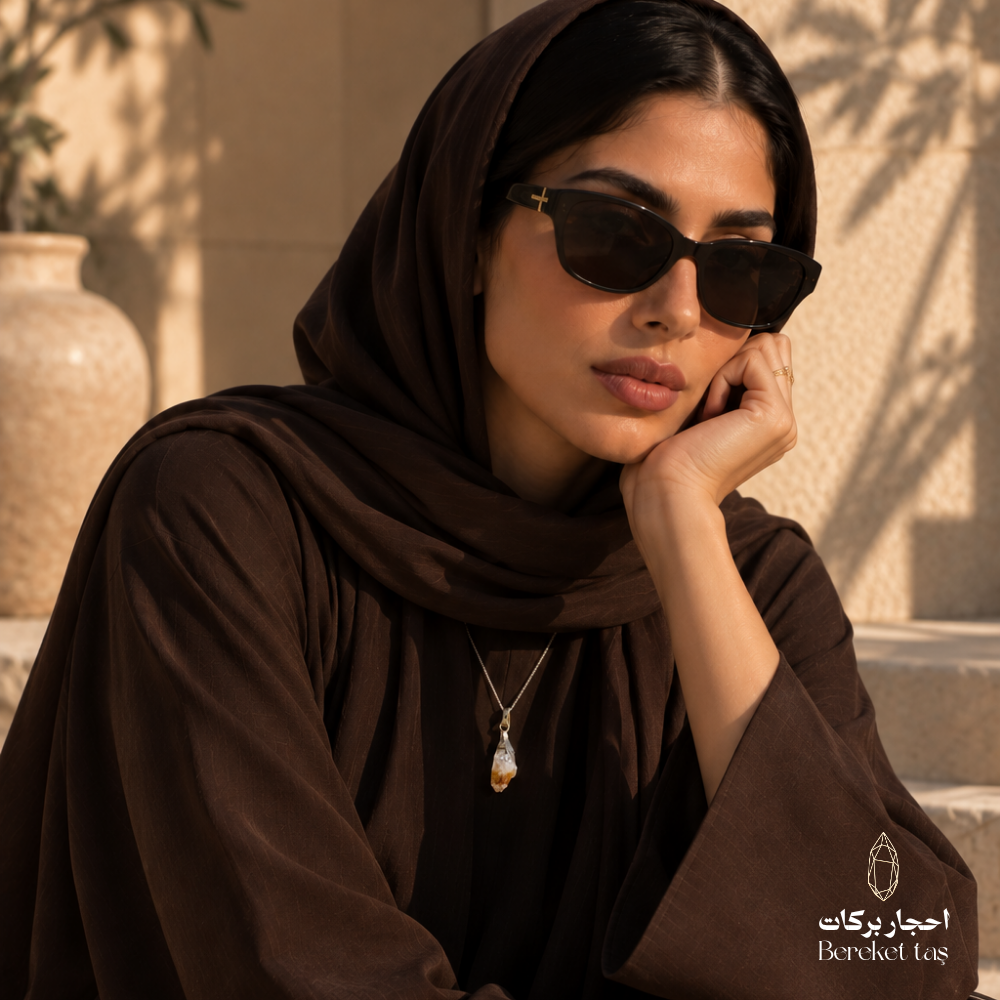 Natural raw Citrine pendant necklace with a silver chain worn with an elegant dark brown outfit