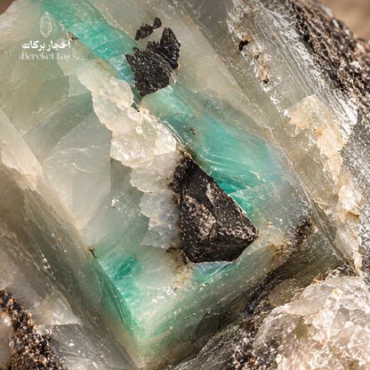 Close-up of a natural raw Emerald showing translucent green crystal formations with white and dark mineral details