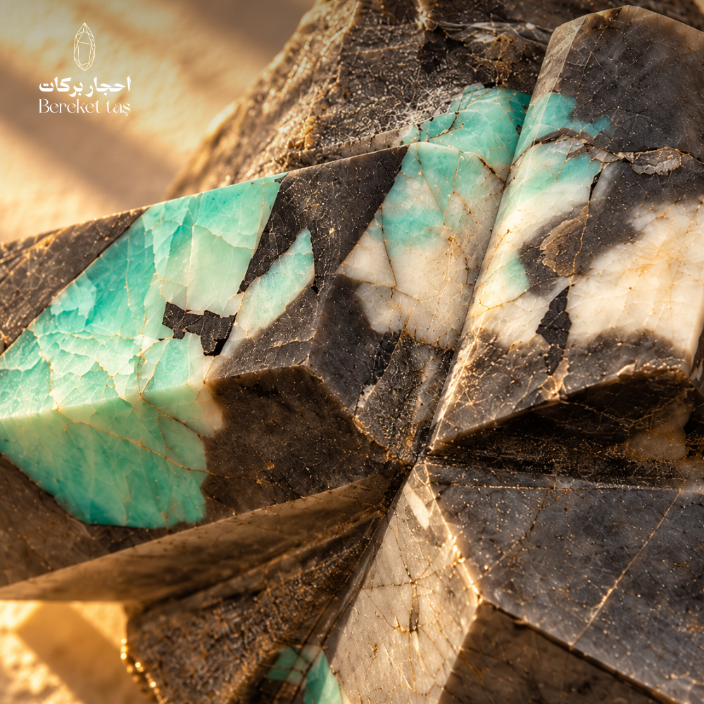 Close-up of a natural raw Emerald stone showing green, white, and dark mineral patterns with natural veining