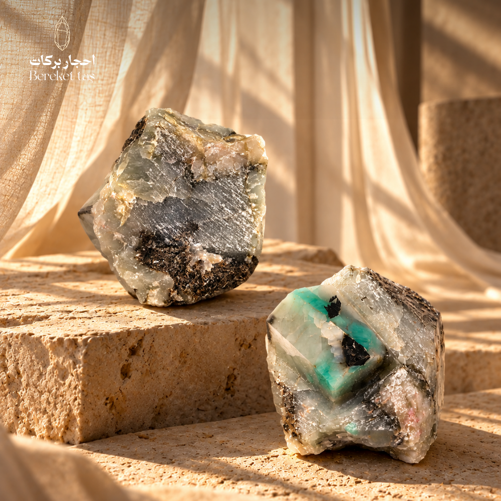 Natural raw Emerald stones with green, white, and dark mineral details displayed on a warm beige stone surface