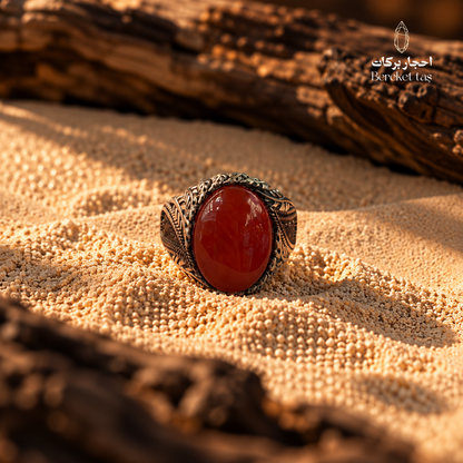 Natural Red Agate ring in 925 Sterling Silver displayed on warm sand, highlighting the polished red gemstone and intricate ornamental silver setting.