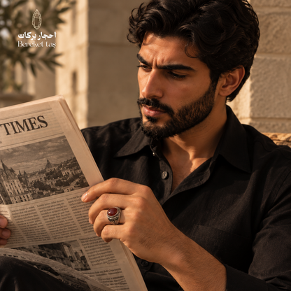 Man wearing a natural Red Agate ring in 925 Sterling Silver while reading a newspaper, showcasing the polished red gemstone and ornate silver setting.
