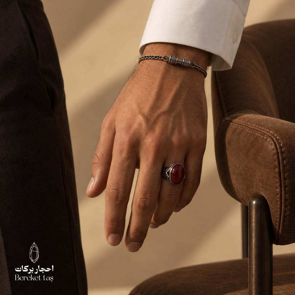 Man wearing a natural Red Agate ring in 925 Sterling Silver, styled with a white traditional outfit and bracelet.