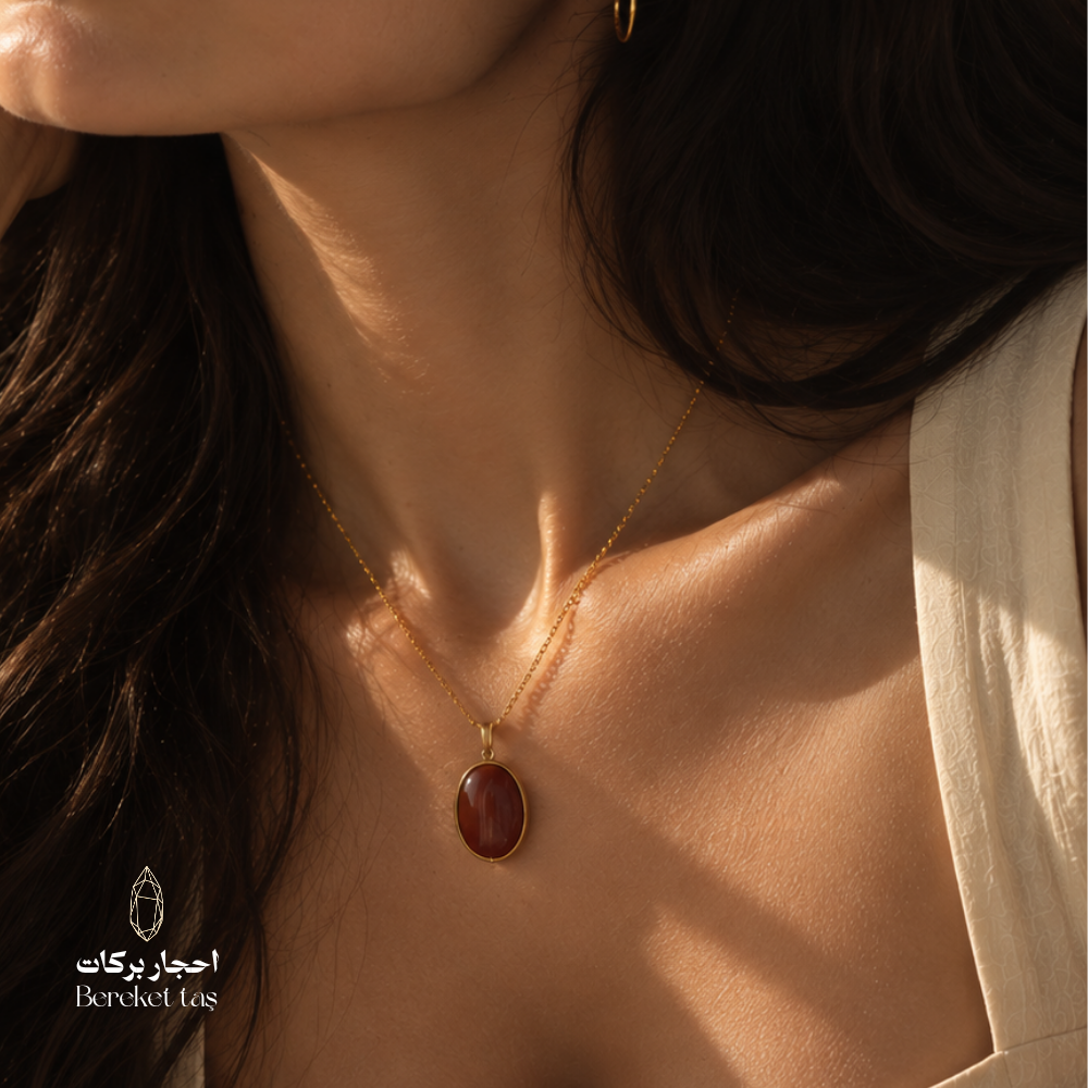 Close-up of a natural red Agate pendant necklace with a gold-plated chain worn elegantly