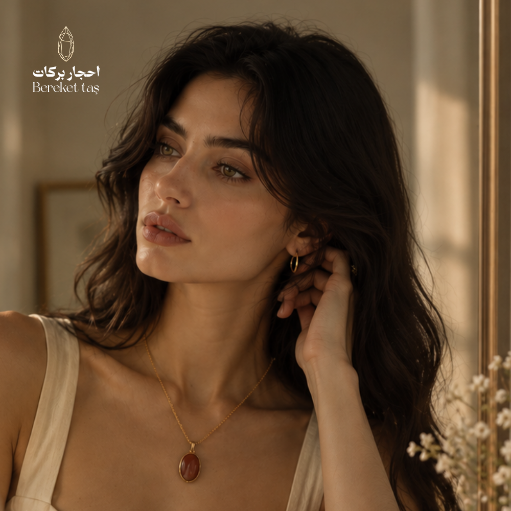 Natural red Agate pendant necklace with gold-plated chain styled with an elegant outfit