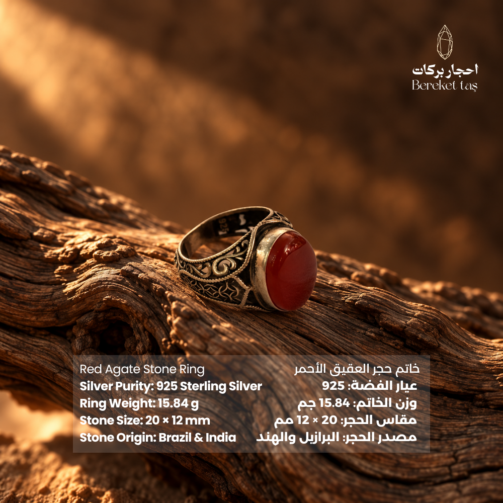 Natural Red Agate ring in 925 Sterling Silver displayed on textured wood, featuring a polished red gemstone, ornate silver detailing, and product specifications.