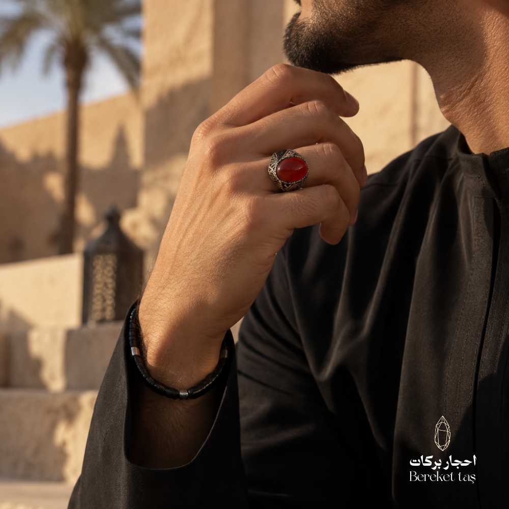 Man wearing a natural Red Agate ring in 925 Sterling Silver with black attire, showcasing the polished red gemstone and detailed silver setting.
