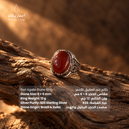 Natural Red Agate men's ring in 925 Sterling Silver displayed on textured wood, featuring a polished red gemstone and ornate silver setting with product details.