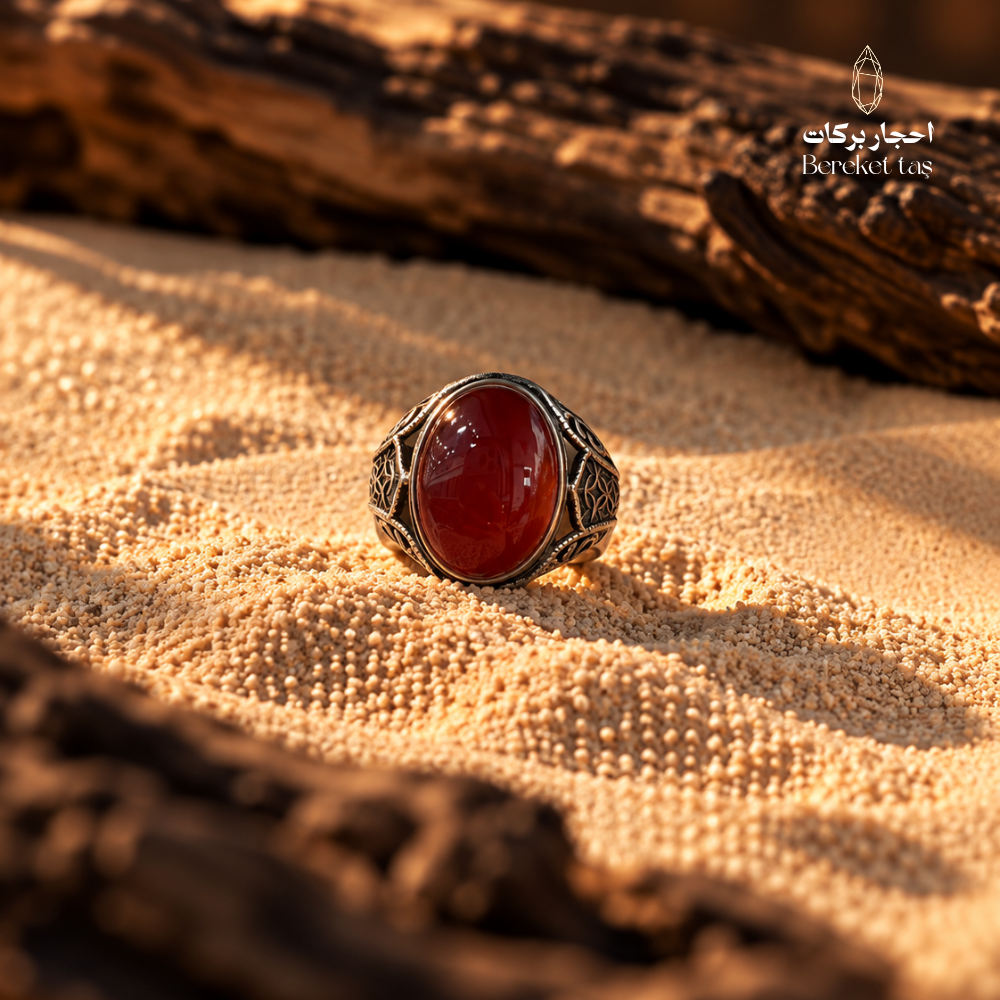 Natural Red Agate ring in 925 Sterling Silver displayed on warm sand, highlighting the polished red gemstone and ornate silver setting.