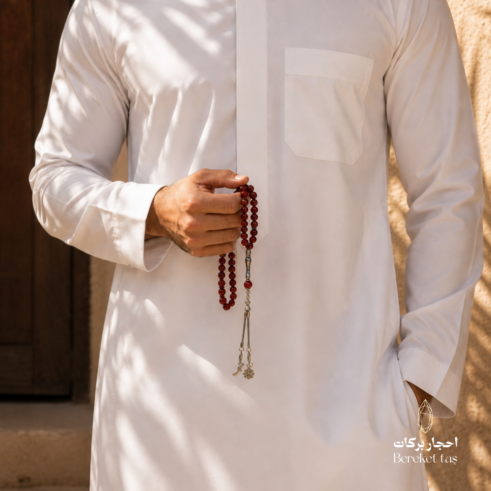 Natural red agate stone tasbih with polished 10 mm beads held by a man