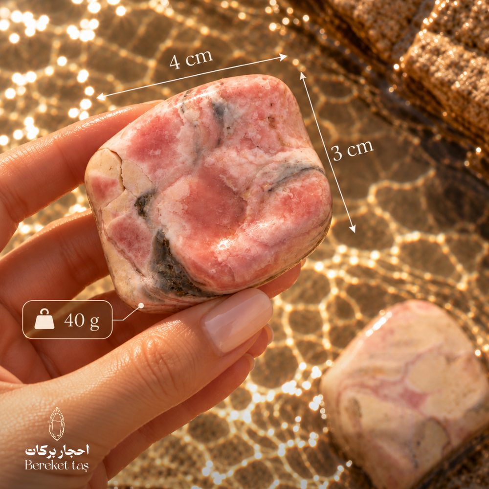 Natural polished Rhodochrosite stone held by hand, showing 4 cm length, 3 cm width, and 40 g weight