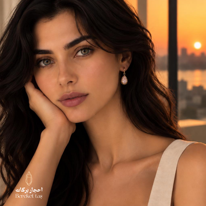 Elegant look featuring a natural Rose Quartz teardrop earring with a gold-plated decorative frame