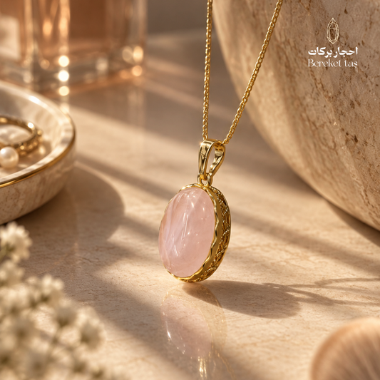 Natural Rose Quartz pendant necklace with gold-plated setting displayed on a warm stone surface