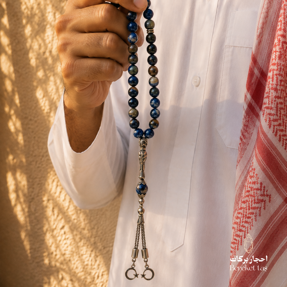 Natural Sodalite Stone Tasbih with deep blue beads held in hand, showing natural stone variations