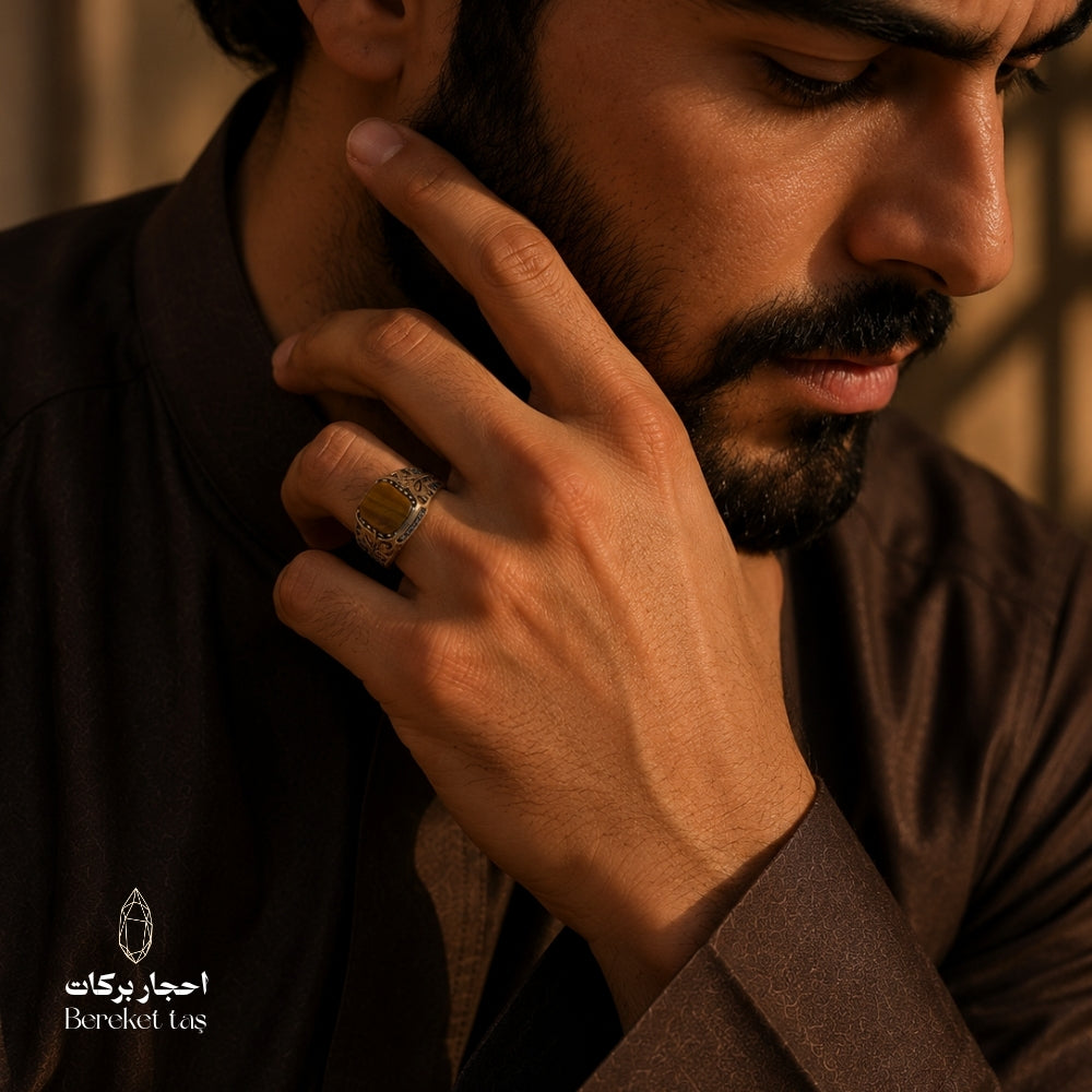 Natural Tiger Eye Stone Ring in 925 Sterling Silver, worn on hand
