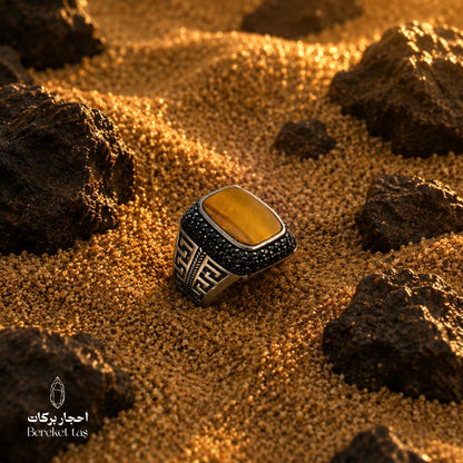 Natural Tiger Eye stone ring in 925 sterling silver on golden sand