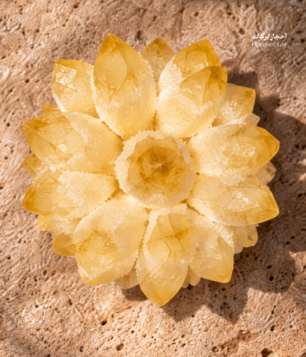 Top view of a natural Brazilian yellow quartz crystal cluster with golden tones