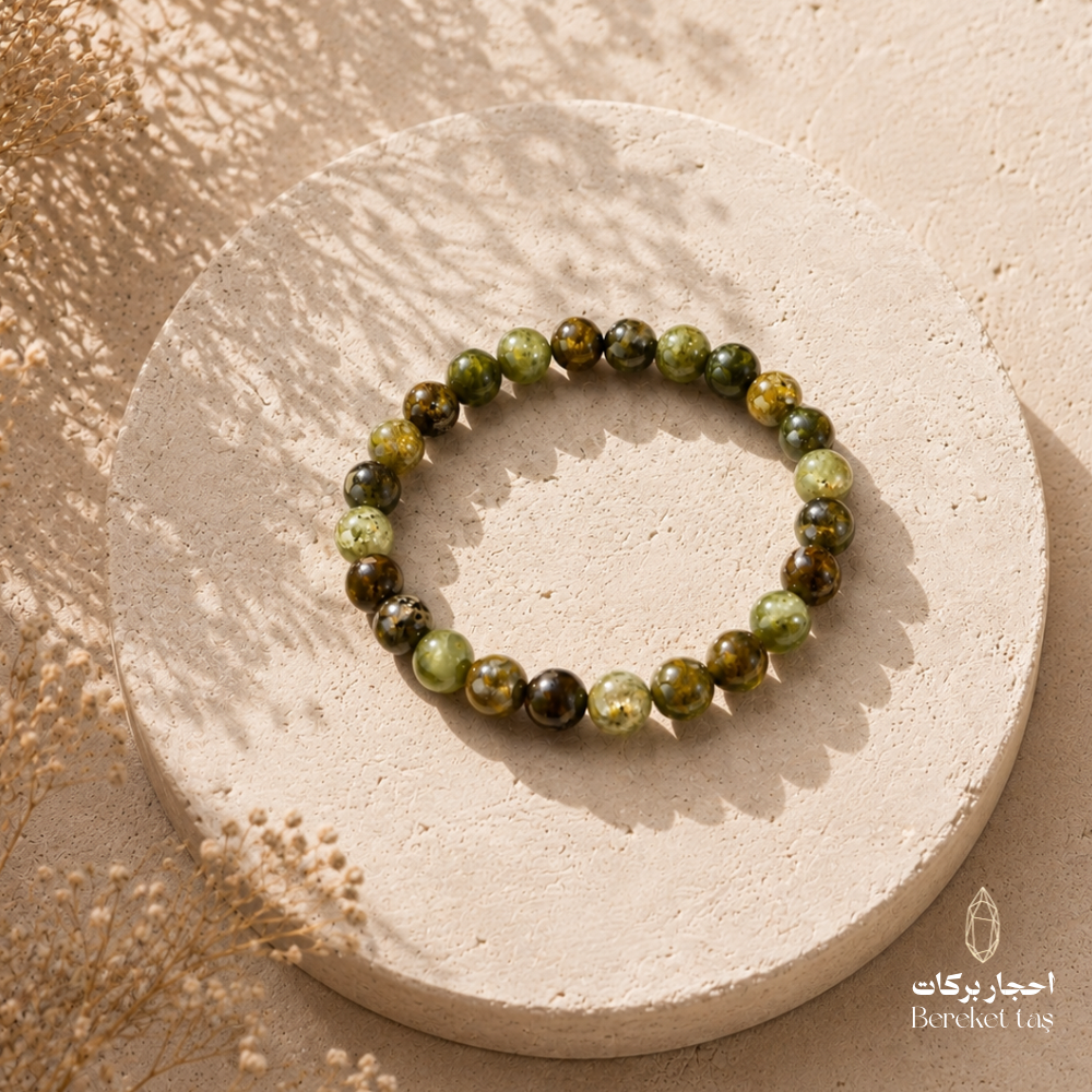 Tsavorite agate bracelet with unique green and brown natural stone beads