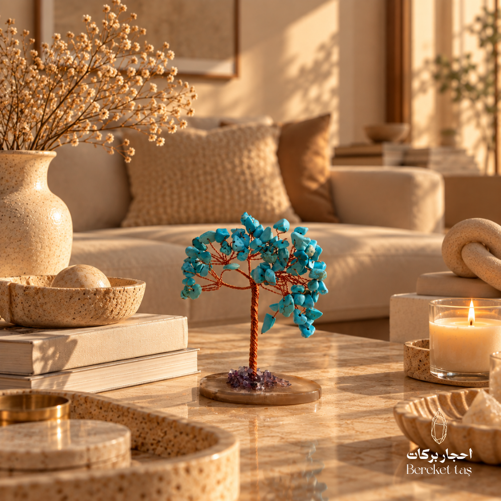 Natural Turquoise tree with an Agate base displayed as a decorative centerpiece on a coffee table