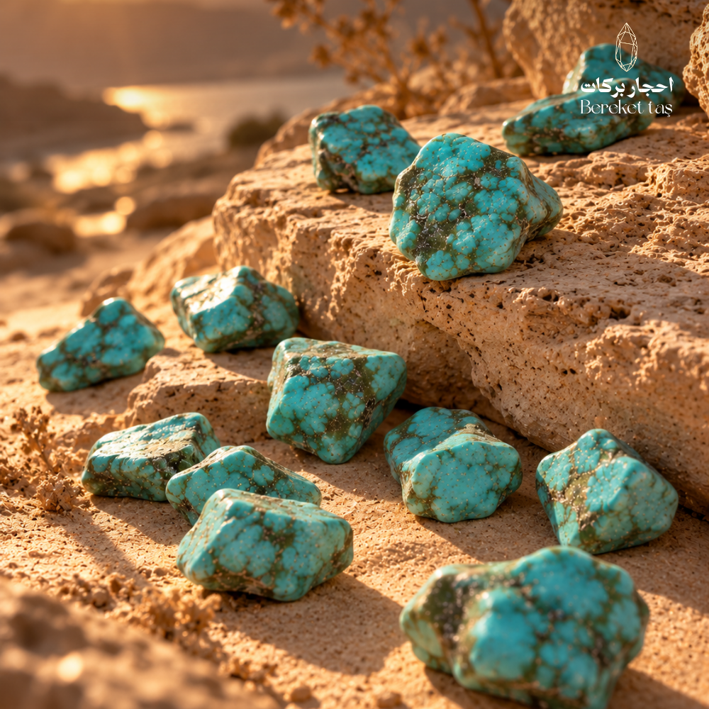 Collection of natural raw Turquoise stones showing blue-green tones and distinctive dark matrix patterns