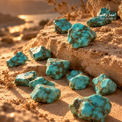 Collection of natural raw Turquoise stones showing blue-green tones and distinctive dark matrix patterns