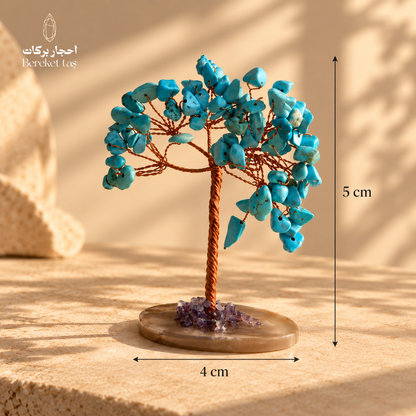 Natural Turquoise tree with Agate stone base showing its 5 cm height and 4 cm width